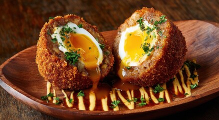 Delectable Scotch Egg: A culinary delight is showcased, a perfectly crafted scotch egg cut in half revealing the golden yolk and savory textures, with a tantalizing drizzle of sauce on a wooden plate.