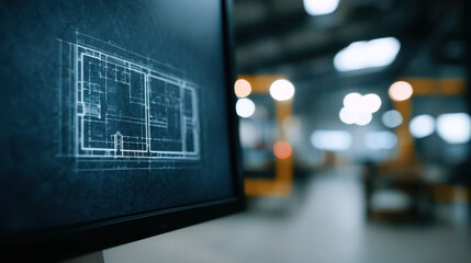 Digital blueprint on screen shows future innovation in architecture with intelligence and digital literacy shaping design and construction process