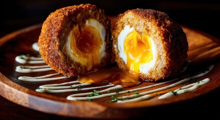 Scotch Egg Delight: A close-up shot of a perfectly cooked Scotch egg, halved to reveal the creamy egg yolk encased in savory sausage and crispy breadcrumbs, artfully presented on a wooden plate.