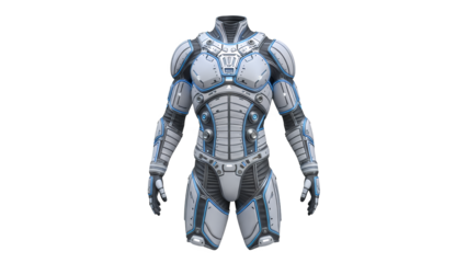 Futuristic White and Blue Sci-Fi Armor Suit Product Shot isolated on Transparent Background