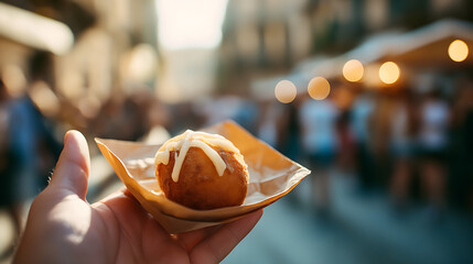 Street Food Festival: Hand Holding Delicious Snack Amidst Blurred Background at Outdoor Market for a Tasty Culinary Adventure and Celebration of Local Delicacy and Gourmet Flavors