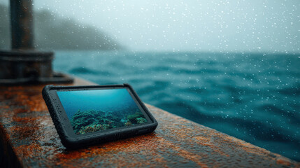 Digital innovation and literacy enhance intelligence for brighter future shown by tablet displaying underwater coral reef in rainy weather