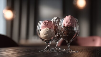 Elegant Ice Cream Trio: A tempting trio of ice cream scoops, each a delightful combination of flavors and textures, elegantly presented in a classic glass.