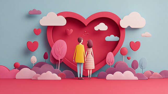 Romantic illustration of couple holding hands, heart shape, pink and blue background - Powered by Adobe