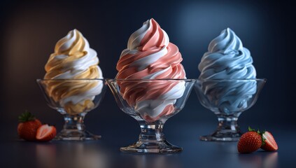 Swirled Symphony: A trio of elegantly swirled ice cream creations, each a delightful combination of color and flavor, sit in delicate glass cups alongside the sweet allure of fresh strawberries.