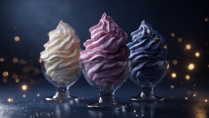 Trio of Swirled Delights: An enticing trio of elegantly swirled soft serve ice creams, each a different color, presented in elegant clear glass cups and set against a dark.