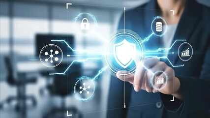 Business interacting with futuristic digital interface displaying data analytics security network - Powered by Adobe