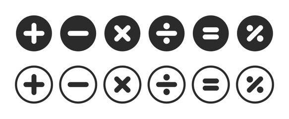 Math operator icon set with plus, minus, multiply, divide, equal and percentage symbols representing calculation, arithmetic operation, mathematics and calculator function concept