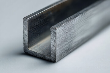 Detailed macro view of a rectangular steel channel bar showcasing the textured surface and industrial metalwork on a plain background for construction use