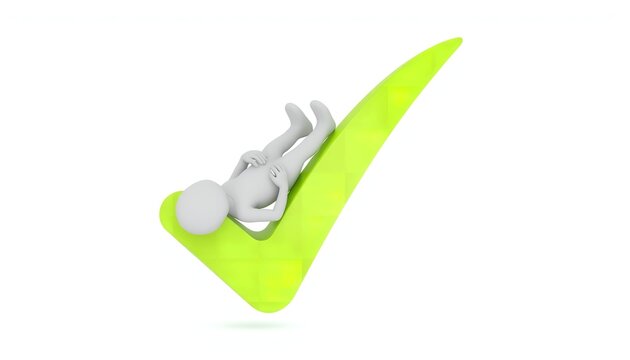 A white checkmark with a green background and a white character on top