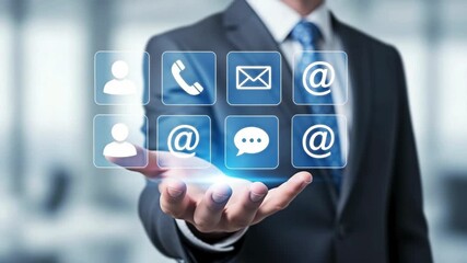 A person is holding contact icons on digital screen for the concept of communication and connectivity.