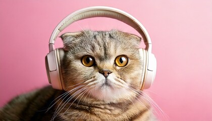Cute Tabby Cat Wearing Large Headphones on Pink Background