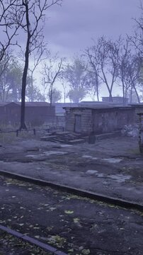 Overcast abandoned cemetery with mausoleums, wet cracked pavement, leafless trees and fog, rows of weathered stone crypts and low concrete tombs, moss