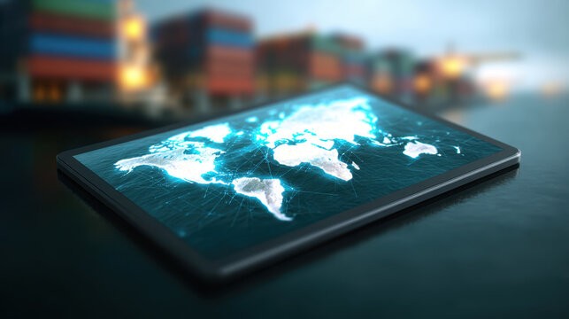 Digital tablet displaying glowing world map symbolizes future innovation and intelligence connecting global digital literacy for advanced - Powered by Adobe