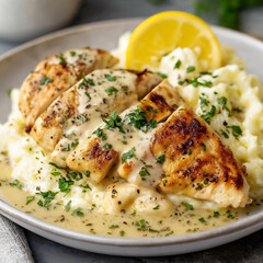 Plated Chicken in Creamy Sauce with Mashed Potatoes and Lemon Garnish: Comfort Food Home Cooking 