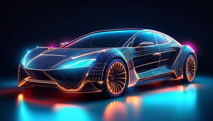 futuristic wireframe car design with neon highlights and dark background