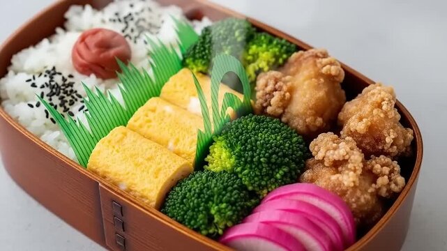 Delicious Japanese Bento Box Lunch with Rice Tamagoyaki Broccoli and Fried Chicken.
