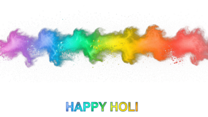 A vibrant colorful powder explosion on a black background with Happy Holi text on transparent background