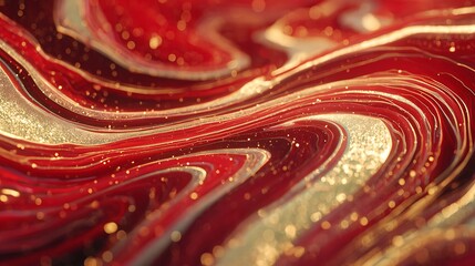 Swirling abstract artwork with gold glitter and ribbons of red and white