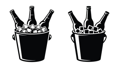 Bottles Cold Beer Bucket Ice, Three Beer Bottle Buckets with Ice, Bucket of Beer, Buckets filled with bottles and ice cubes, Vector illustration © magic390