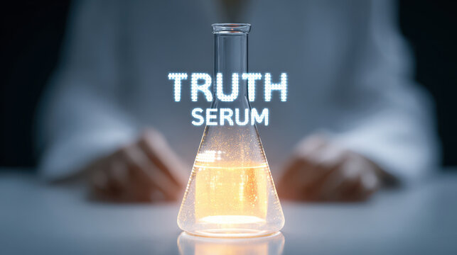 Truth serum concept with glowing liquid in laboratory flask symbolizing digital intelligence and innovation for future literacy