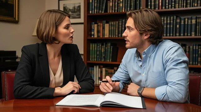 Two Professionals Collaborating at Desk in Library Study Session, Male and Female Attending to Documents