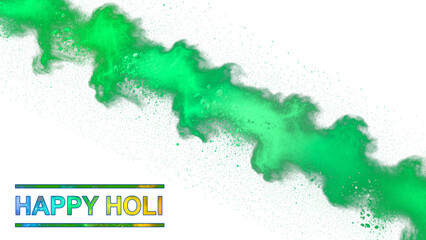 Fototapeta premium A vibrant green powder explosion on a black background with Happy Holi text on transparent background