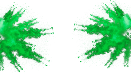 A vibrant green powder explosion on a black background on transparent background