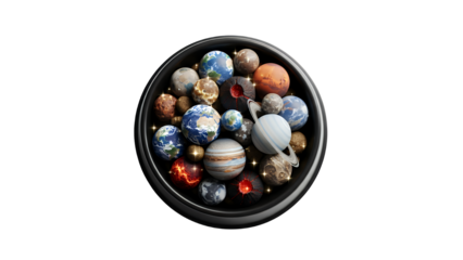 Miniature Solar System Planets and Celestial Bodies in Black Bowl Product Shot isolated on Transparent Background