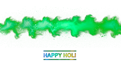 A vibrant green powder explosion on a black background with Happy Holi text on transparent background