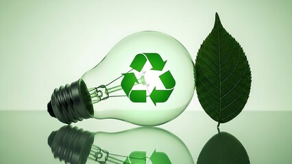 Green recycling symbol inside a clear lightbulb next to a fresh green leaf symbolizing eco friendly energy and sustainable innovation