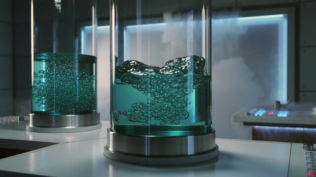 Swirling teal liquid, Bluelit laboratory scene with bubbling and swirling liquids, Sterile scientific environment showing colorful liquid turbulence in cylindrical container under blue lighting