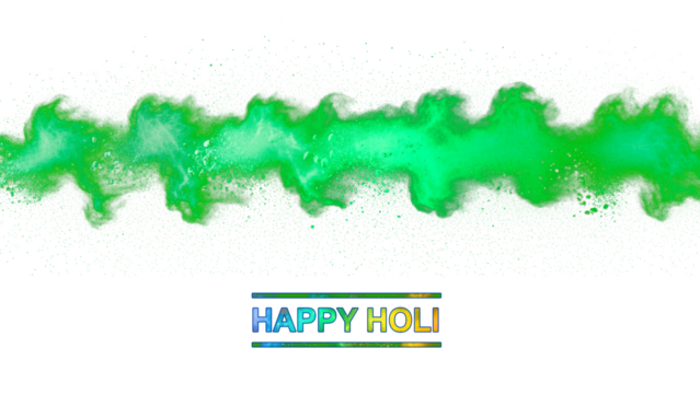 A vibrant green powder explosion on a black background with Happy Holi text on transparent background - Powered by Adobe