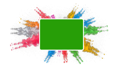 A vibrant green screen surrounded by colorful powder explosions on a black background on transparent background