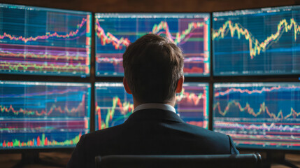 Businessman analyzing multiple trading charts on large monitors in a dimly lit room demonstrating focus and decision making in financial markets environment