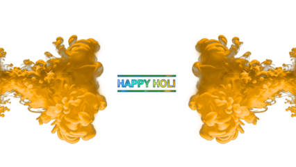 A vibrant HAPPY HOLI celebration with colorful yellow smoke on transparent background