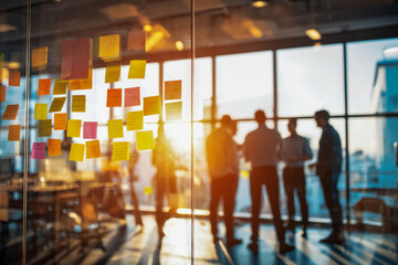 Team brainstorming session in modern office with colorful sticky notes on glass wall illuminated by warm sunlight during collaborative business meeting