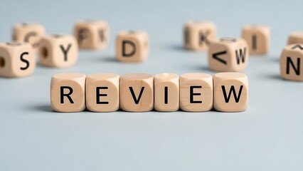 Wooden alphabet blocks spelling the word review in a line on a light blue background with other blurred blocks with feedback