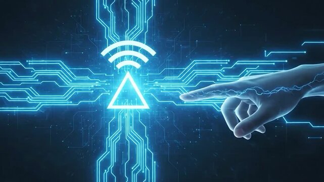 Digital connection concept human finger touching glowing wifi symbol with electric lightning