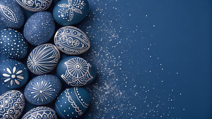 A collection of blue Easter eggs with white designs on a blue background with white specks