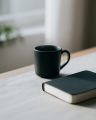 Cozy Workspace with Black Ceramic Coffee Cup and Minimalistic Notebook for Elegant Simplicity and Productivity