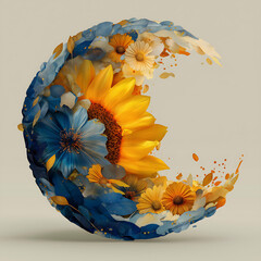 Vibrant Floral Design with Sunflower and Blue Petals: A Creative Illustration of Modern Botanical Art in Colorful Abstract Composition
