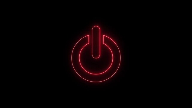 Illuminated red neon power button symbol glowing brightly on a dark background for technology and control concepts