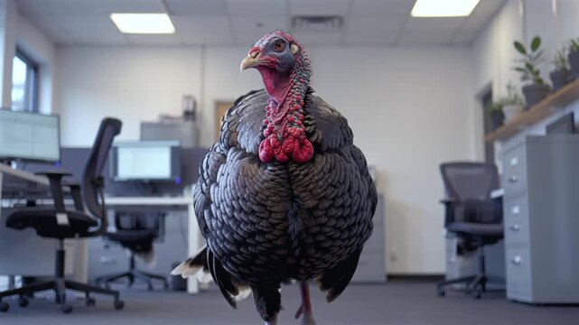 Turkish bird moves through office furniture setup, Humorous scene featuring turkey wandering among office furnishings, Amusing depiction of turkey navigating around desks and chairs in office