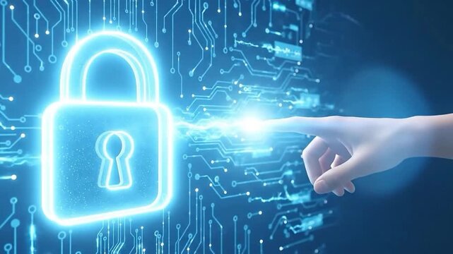 Digital security lock activated by human finger on glowing circuit board abstract background