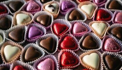Assortment of heart shaped chocolates in individual wrappers