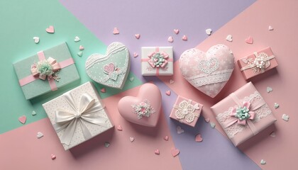 Various gift boxes and heart shapes on pastel background