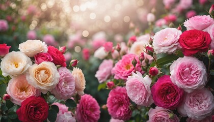 Field of blooming pink and red roses in soft light
