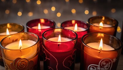 Several lit candles in decorative glass holders