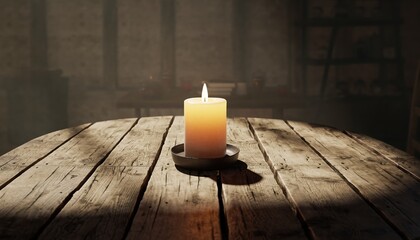 Lit candle on a wooden table in dim light